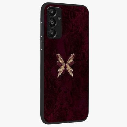 Crimson Fade Butterfly Glass Case upright view showcasing graceful butterfly artwork with soft crimson fade effect.