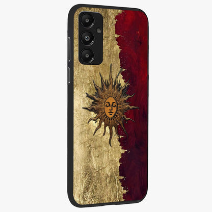 Crimson Sun Majesty Glass Case upright view showcasing vibrant sun artwork with powerful celestial theme.