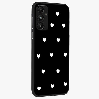 Cute And Simple White Hearts Glass Case upright view showcasing simple white hearts artwork with soft minimal theme.