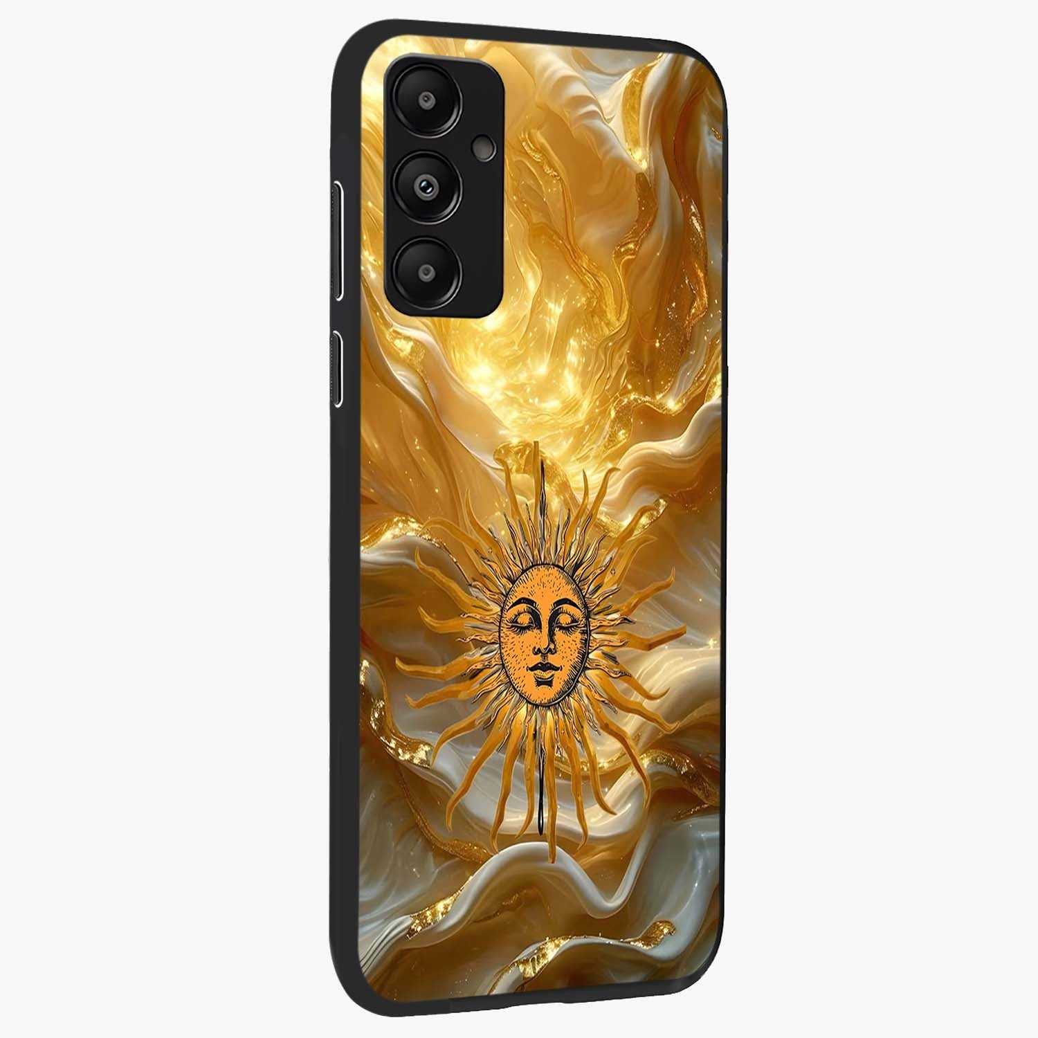 Eternal Golden Glow Glass Case upright view showcasing luminous golden artwork with luxurious visual theme.