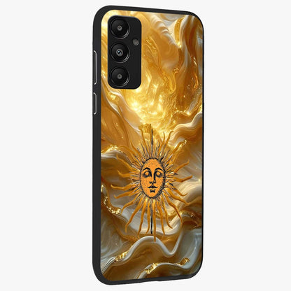 Eternal Golden Glow Glass Case upright view showcasing luminous golden artwork with luxurious visual theme.