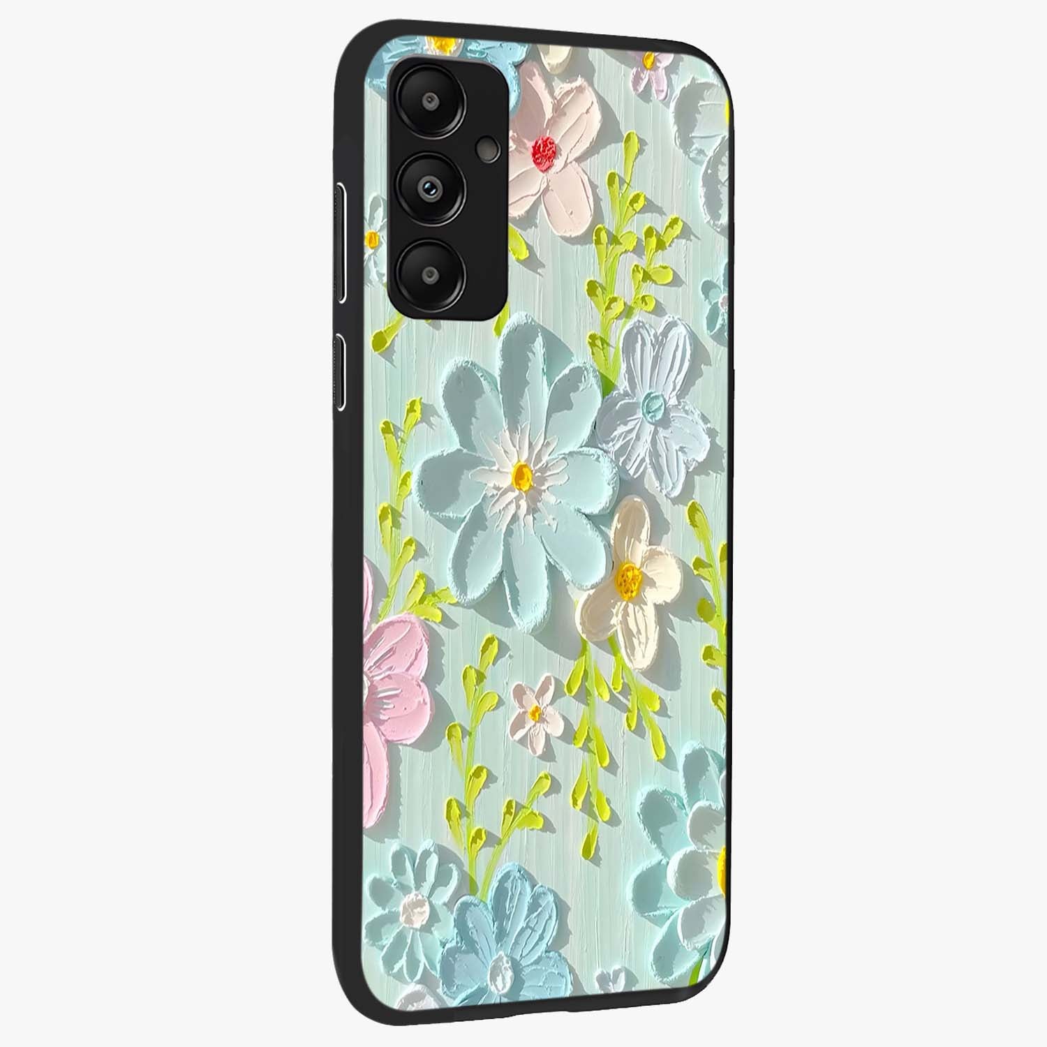 Frosted Petal Garden Glass Case upright view showcasing elegant floral garden artwork with soothing pastel theme.