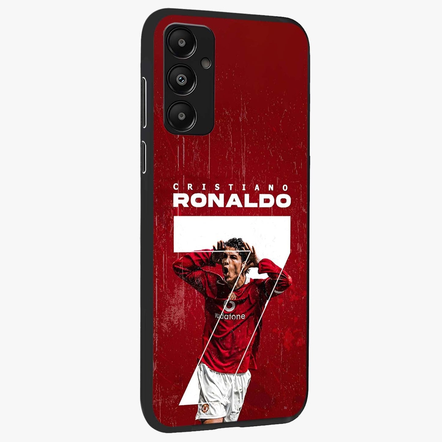 Goal Celebration Legacy Glass Case upright view showcasing dynamic football inspired artwork with victory celebration aesthetic.