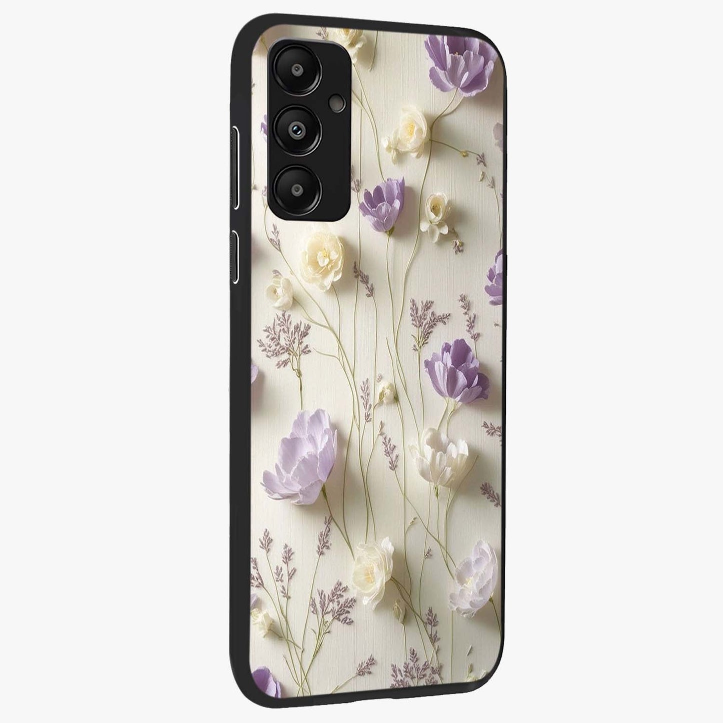 Lilac Breeze Harmony Glass Case upright view showcasing delicate lilac artwork with peaceful floral theme.
