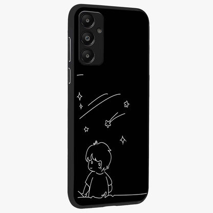 Line Art Boy With Shooting Stars Glass Case upright view showcasing artistic shooting star illustration with minimal style.