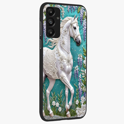 Majestic Floral Stallion Glass Case upright view showcasing dramatic horse artwork with decorative floral theme.