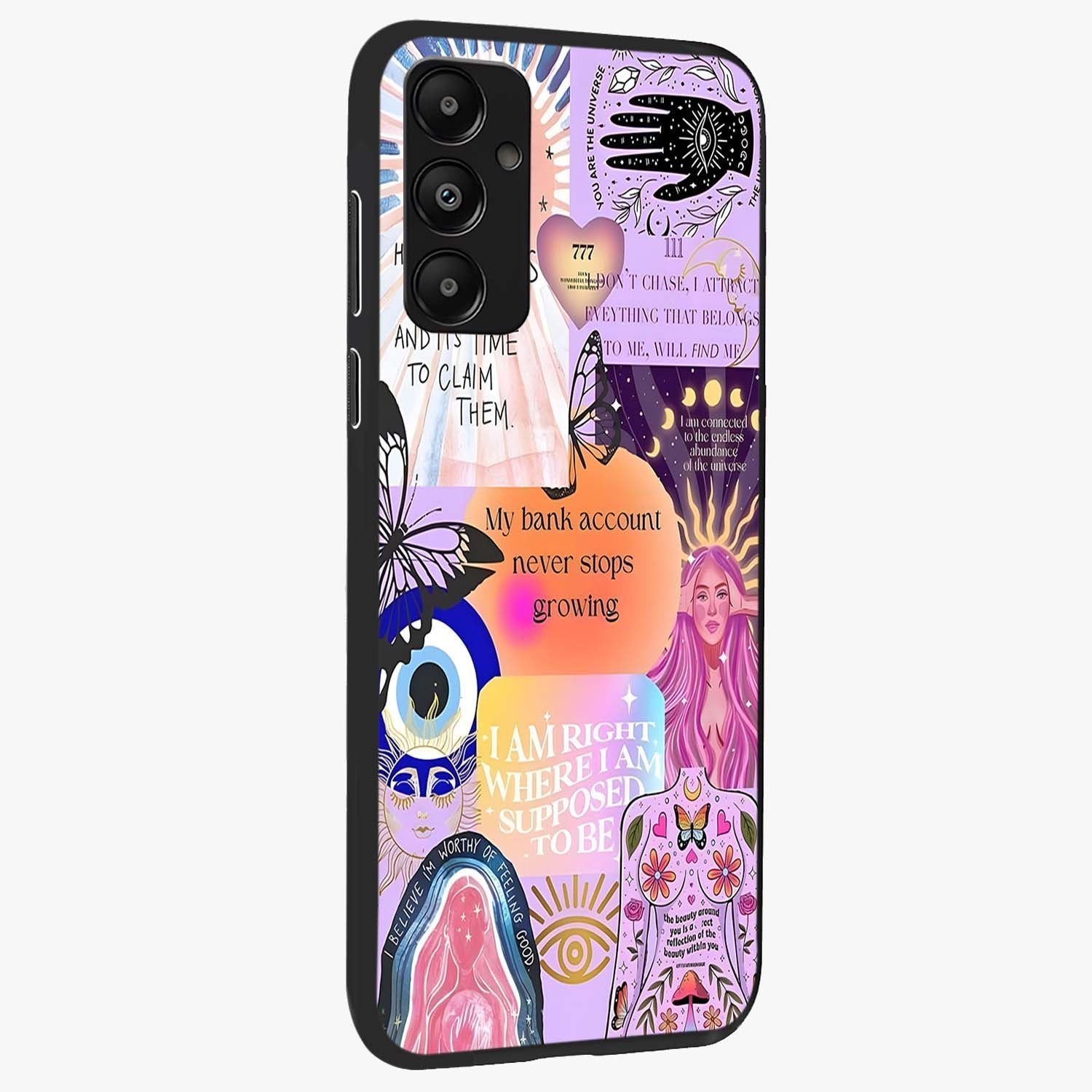 Manifestation Collage Glass Case upright view showcasing artistic manifestation themed artwork with creative style.