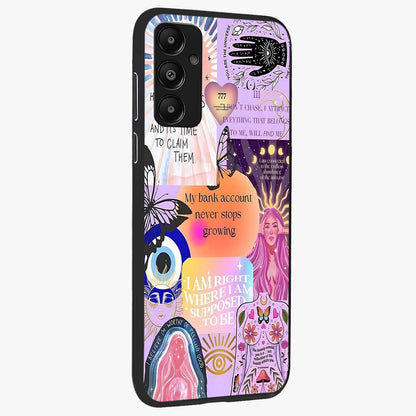 Manifestation Collage Glass Case upright view showcasing artistic manifestation themed artwork with creative style.