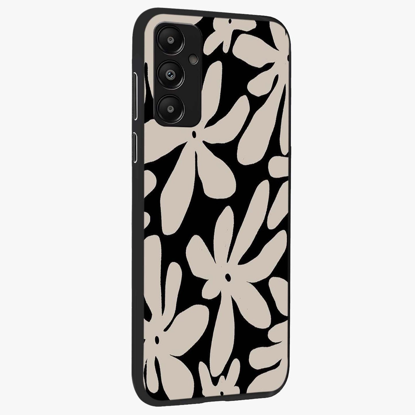 Monochrome Petal Dance Glass Case upright view showcasing artistic floral pattern with stylish monochrome theme.