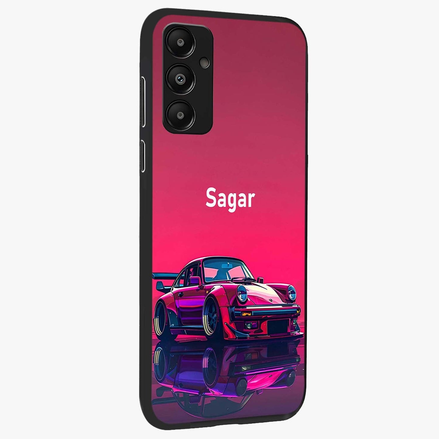 Neon Pink Porsche Glass Case upright view showcasing vibrant sports car artwork with bold automotive theme.
