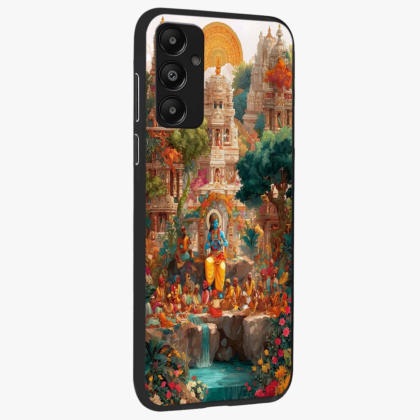 Sacred Sunlight Gods Glass Case upright view showcasing glowing divine artwork with sacred mythological theme.