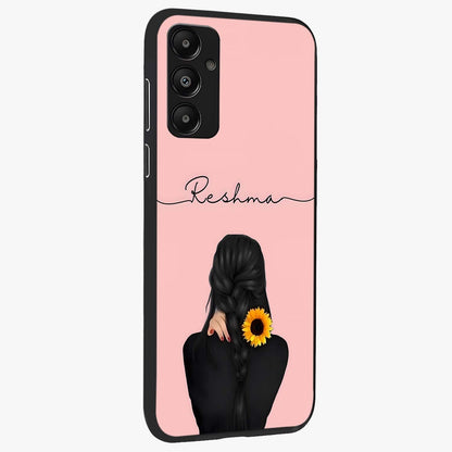 Sunflower Braid Beauty With Custom Name Glass Case upright view showcasing bright sunflower artwork with personalized floral aesthetic.