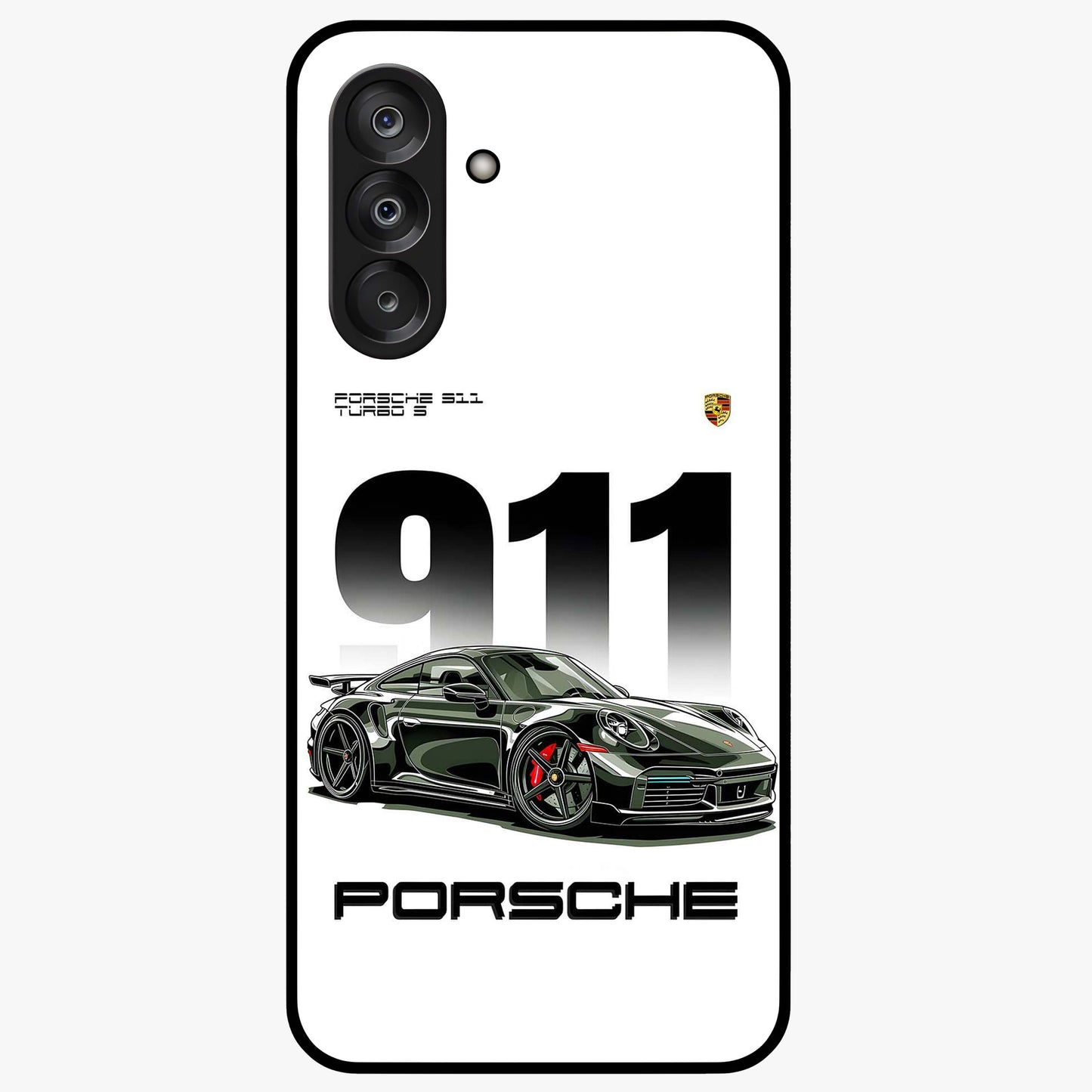 911 Turbo Dominance Glass Case showing clean flat back view with bold 911 sports car artwork and glossy glass finish.