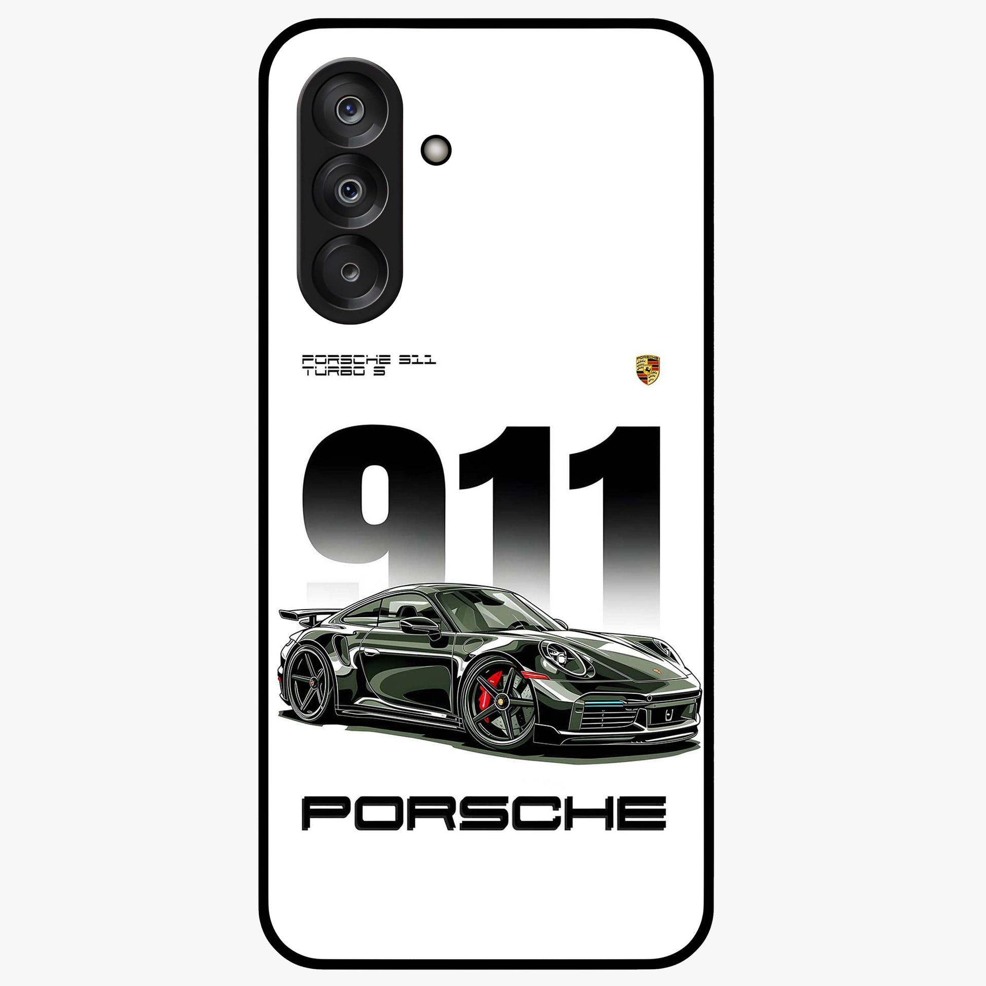911 Turbo Dominance Glass Case showing clean flat back view with bold 911 sports car artwork and glossy glass finish.