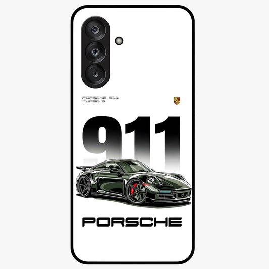 911 Turbo Dominance Glass Case showing clean flat back view with bold 911 sports car artwork and glossy glass finish.