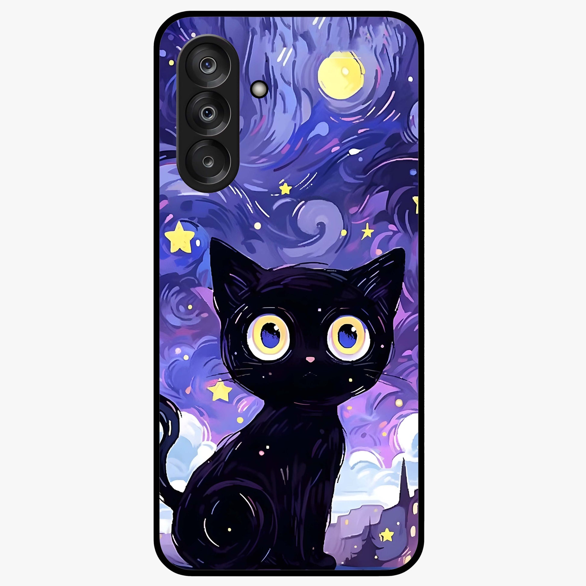 Abstract Cat Art Glass Case showing flat back view with artistic cat illustration and glossy glass finish.