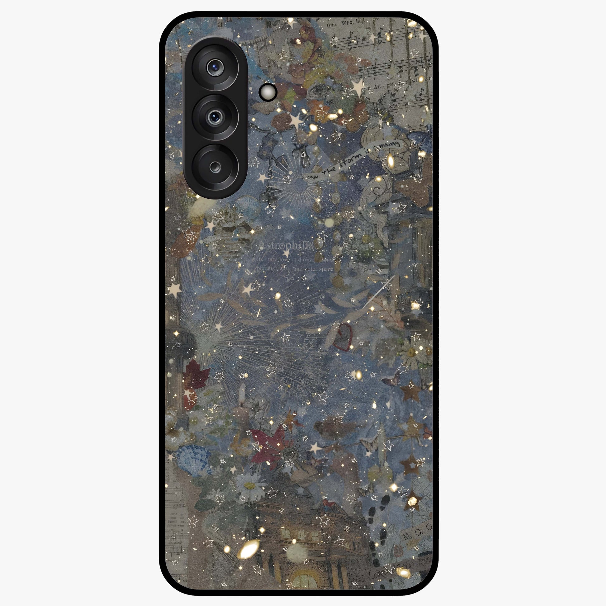 Aesthetic Astrolophia Glass Case showing flat back view with dreamy aesthetic design and glossy glass finish.