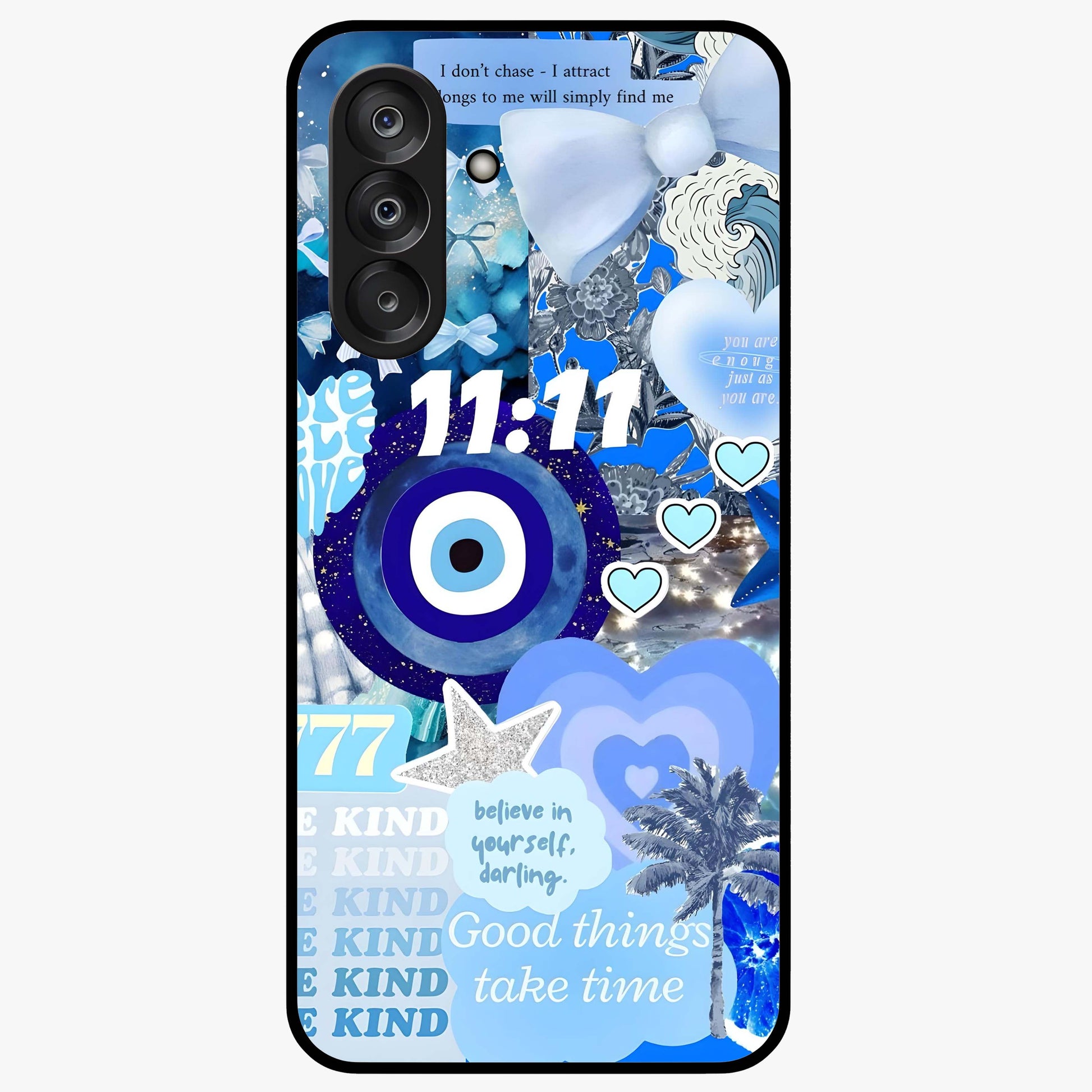 Aesthetic Be Kind Eye Glass Case showing flat back view with motivational eye artwork and glossy glass finish.