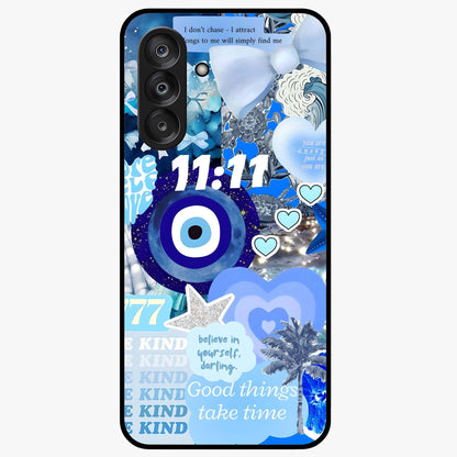 Aesthetic Be Kind Eye Glass Case showing flat back view with motivational eye artwork and glossy glass finish.