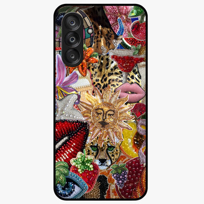 Beaded Fashion Jungle Glass Case showing flat back view with vibrant jungle inspired bead artwork and glossy glass finish.