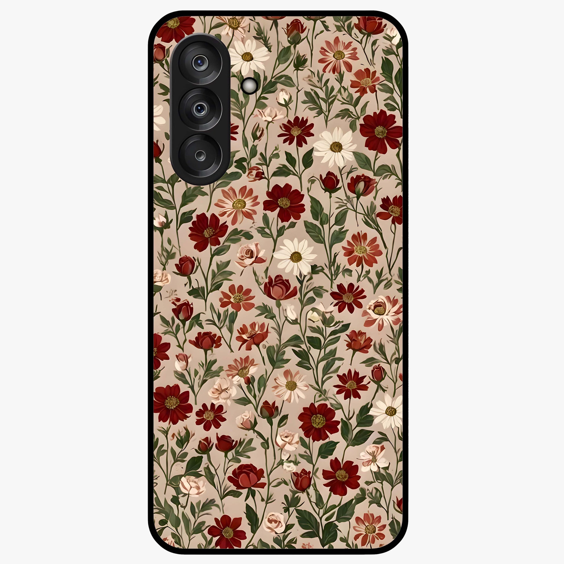 Biege Flower With Leaf Glass Case showing flat back view with soft beige floral artwork and glossy glass finish.