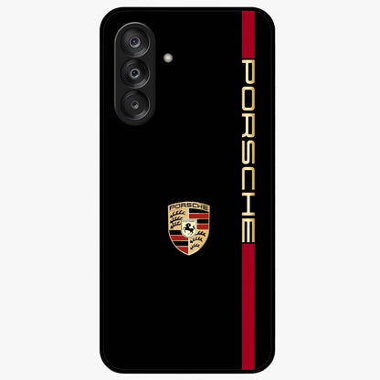 Black Minimal Porsche Glass Case showing flat back view with sleek minimal sports car artwork and glossy glass finish.
