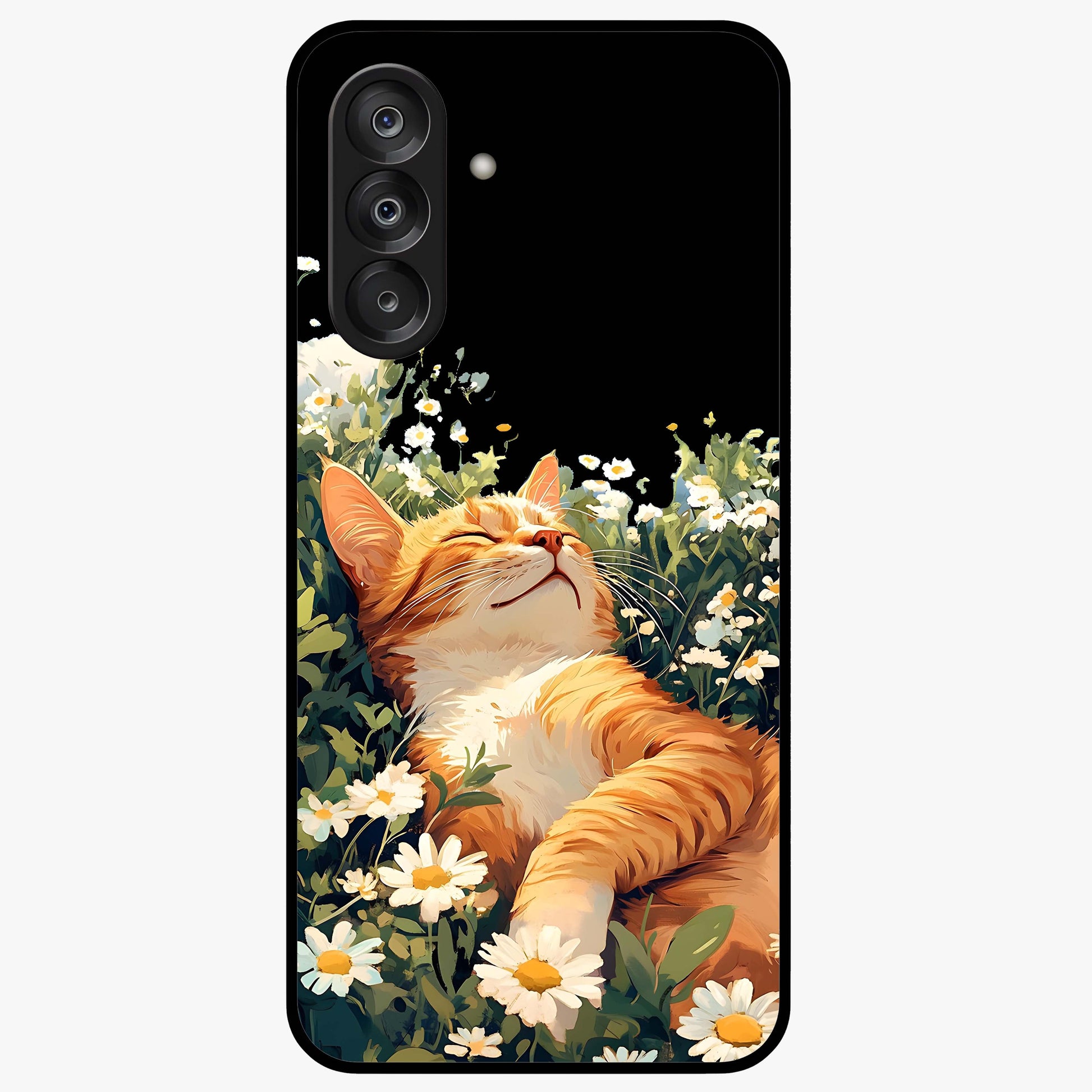 Blissful Bloom Cat Glass Case showing flat back view with cute cat and floral bloom artwork and glossy glass finish.
