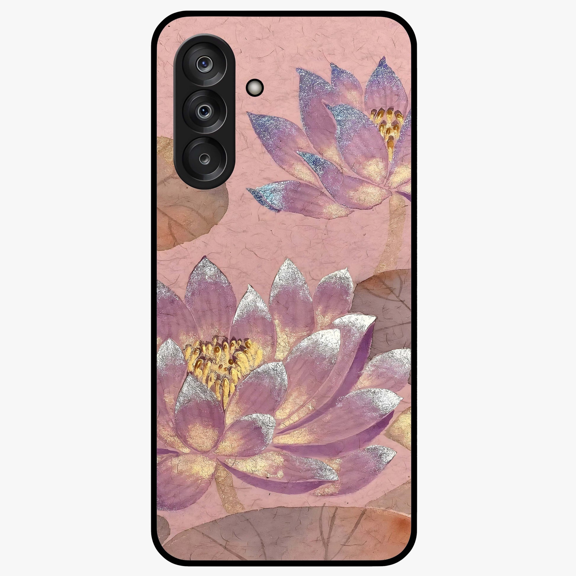 Blossom Mist Lotus Glass Case showing flat back view with serene lotus blossom artwork and glossy glass finish.