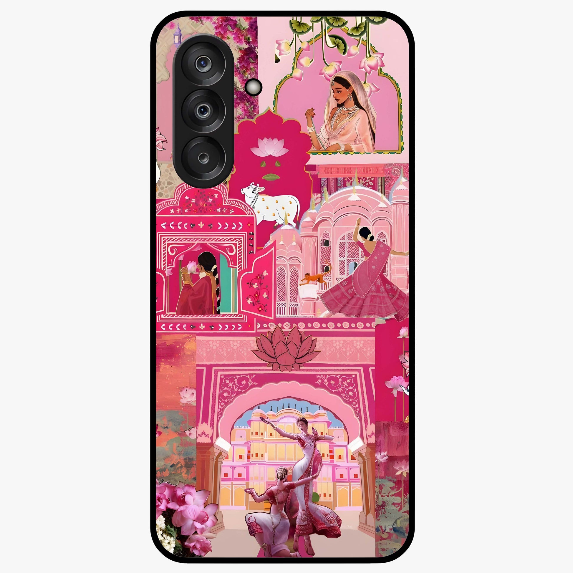Blossoms of Rajasthan Glass Case showing flat back view with traditional floral artwork inspired by Rajasthan and glossy glass finish.