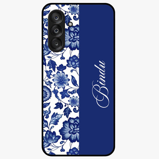 Blue Vintage Floral Pattern Glass Case upright view showcasing timeless floral illustration with vintage inspired style.