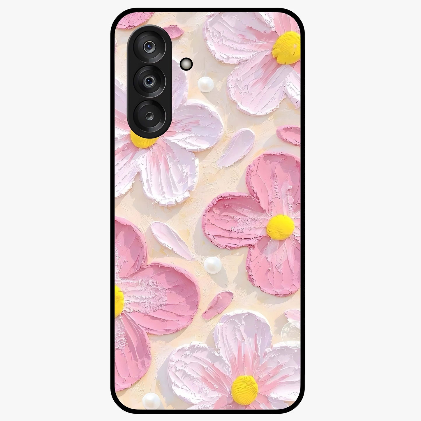 Blush Bloom Texture Glass Case showing flat back view with soft blush floral texture artwork and glossy glass finish.