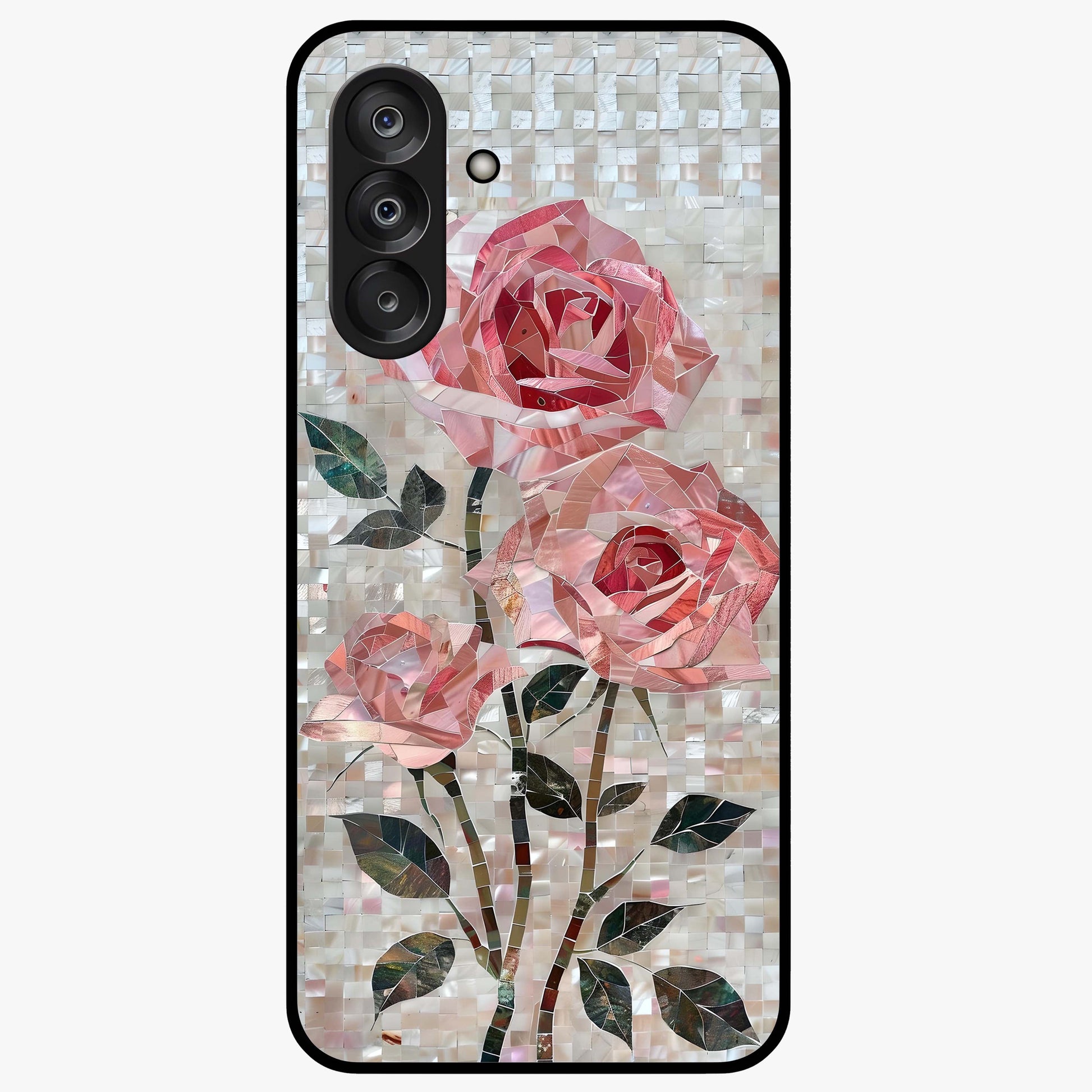 Blush Mosaic Bloom Glass Case showing flat back view with mosaic floral bloom artwork and glossy glass finish.