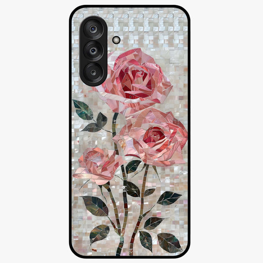 Blush Mosaic Bloom Glass Case showing flat back view with mosaic floral bloom artwork and glossy glass finish.