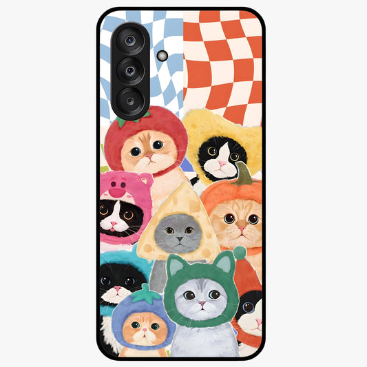 Cats in Fruits Glass Case showing flat back view with playful cat illustrations inside fruit artwork and glossy glass finish.