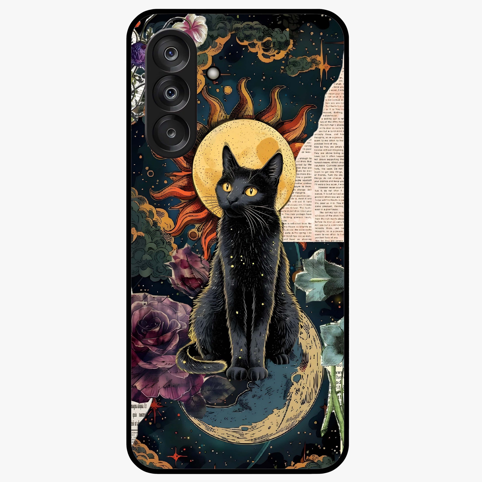 Celestial Black Cat Glass Case showing flat back view with mystical black cat artwork and glossy glass finish.