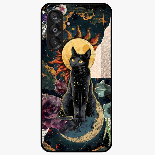 Celestial Black Cat Glass Case showing flat back view with mystical black cat artwork and glossy glass finish.