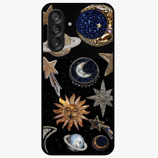Celestial Gem Constellations Glass Case showing flat back view with sparkling constellation artwork and glossy glass finish.