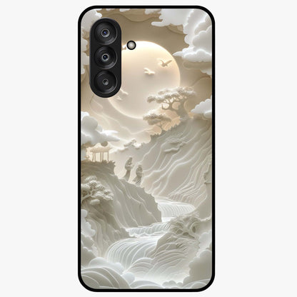 Celestial Origami Glass Case showing flat back view with artistic origami inspired celestial artwork and glossy glass finish.