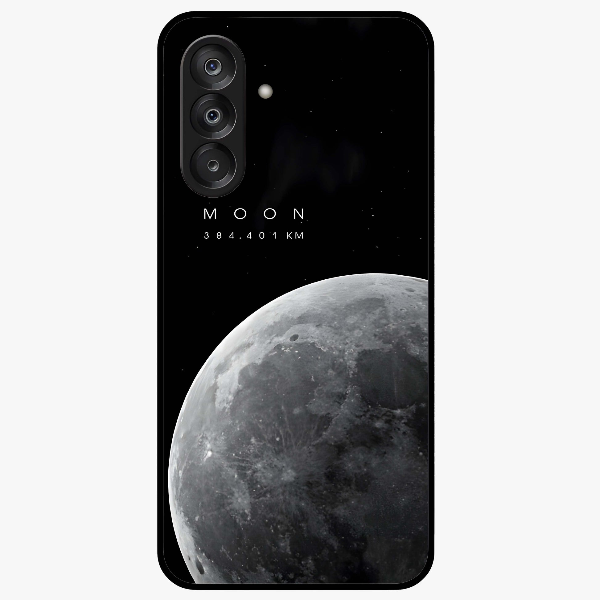Cosmic Moon Glow Glass Case showing flat back view with glowing moon artwork and glossy glass finish.