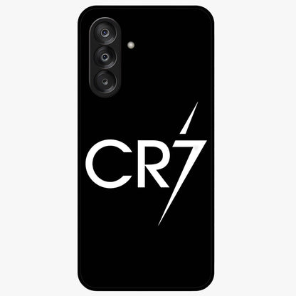Cr7 Elite Strike Glass Case showing flat back view with dynamic football inspired artwork and glossy glass finish.
