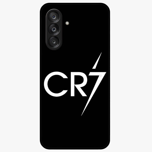 Cr7 Elite Strike Glass Case showing flat back view with dynamic football inspired artwork and glossy glass finish.