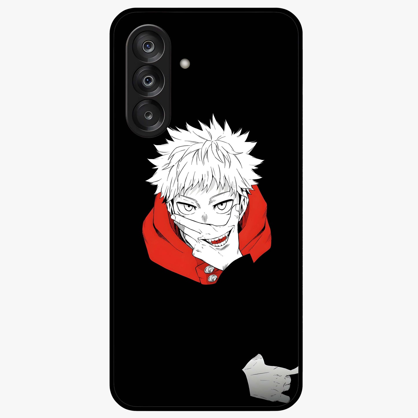 Crimson Chaos Smile Glass Case showing flat back view with bold chaotic smile artwork and glossy glass finish.