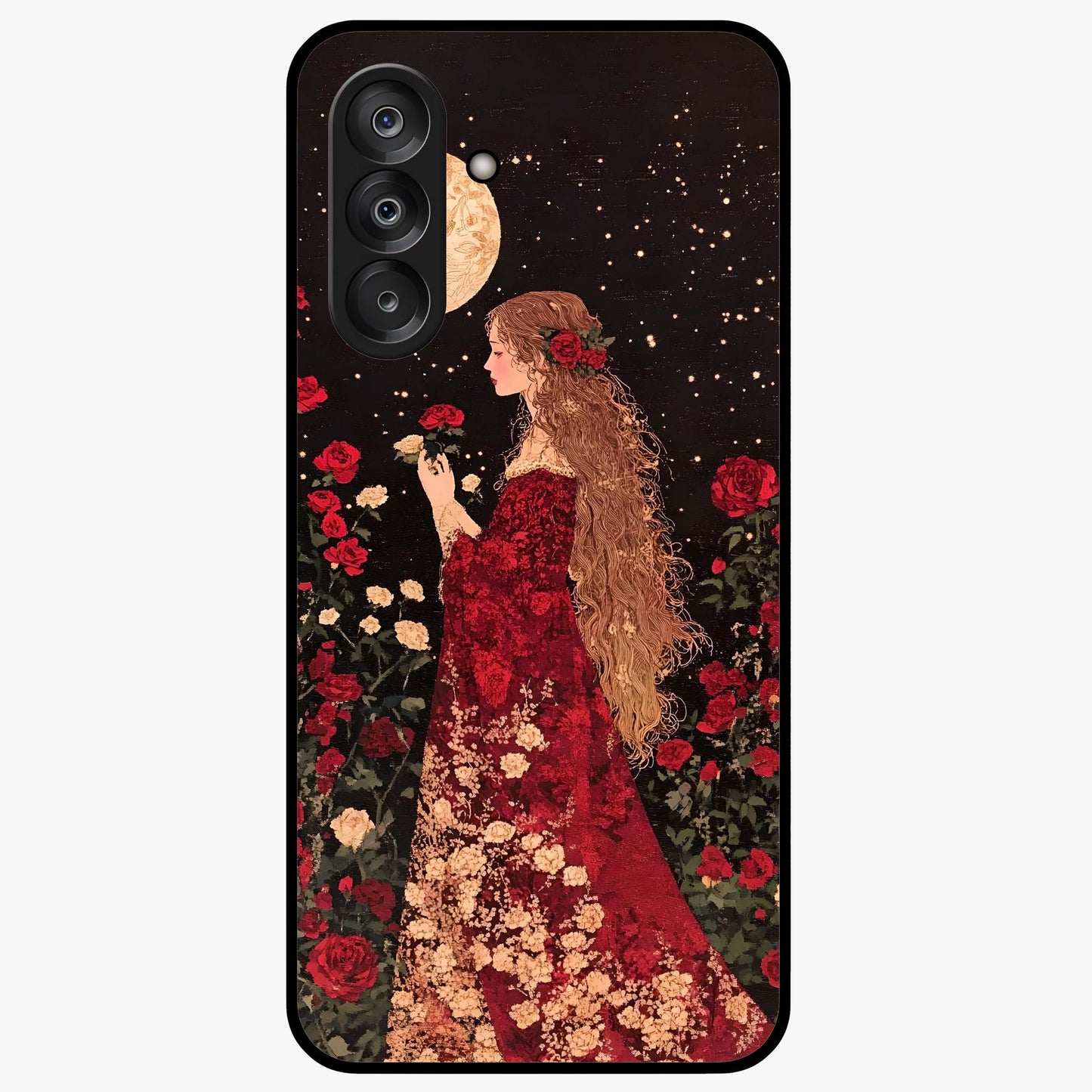 Crimson Dreams Glass Case showing flat back view with dreamy crimson artwork and glossy glass finish.