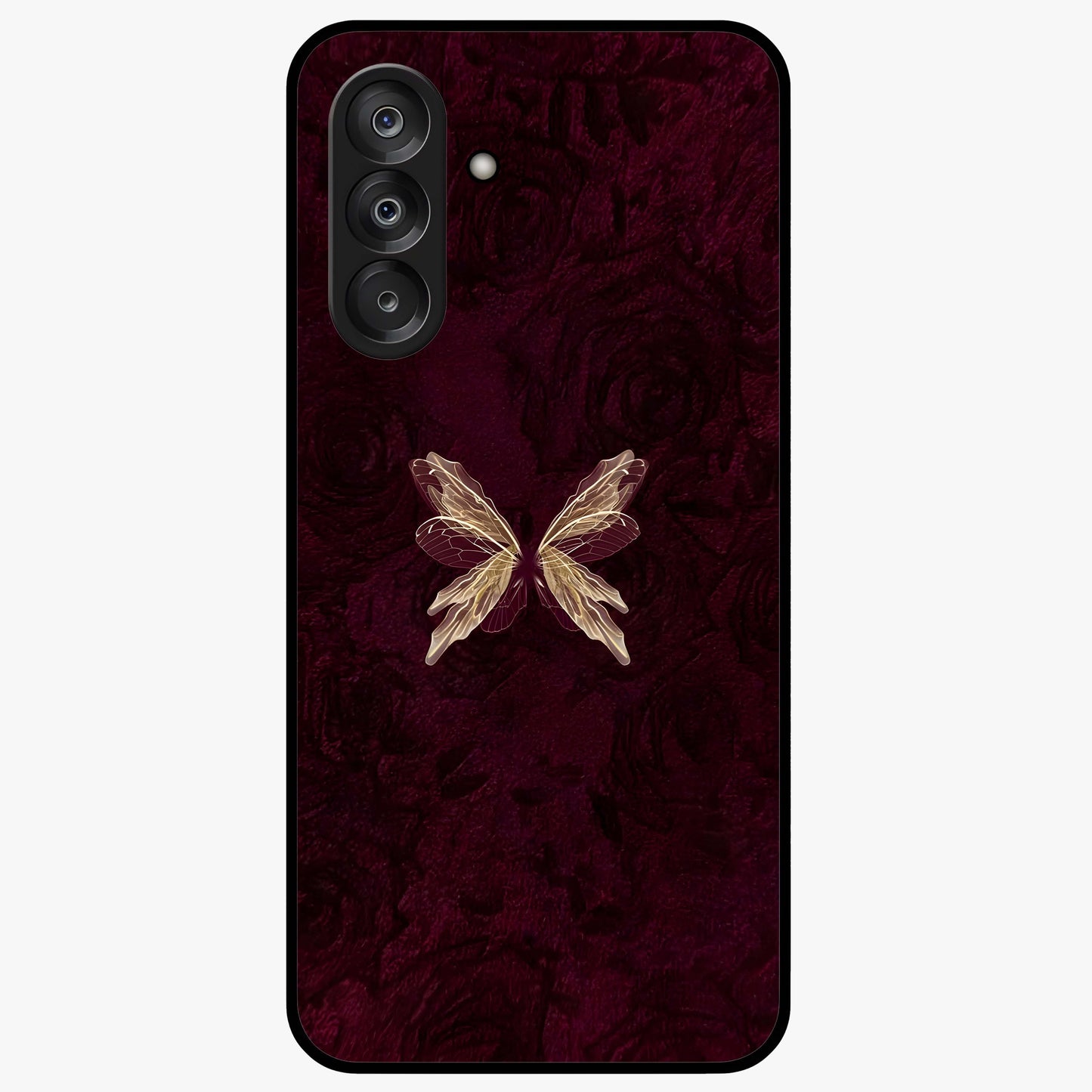 Crimson Fade Butterfly Glass Case showing flat back view with fading butterfly artwork and glossy glass finish.