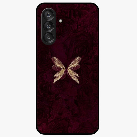 Crimson Fade Butterfly Glass Case showing flat back view with fading butterfly artwork and glossy glass finish.