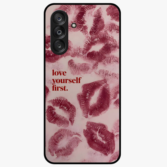 Crimson Kiss Love Glass Case showing flat back view with romantic crimson themed artwork and glossy glass finish.