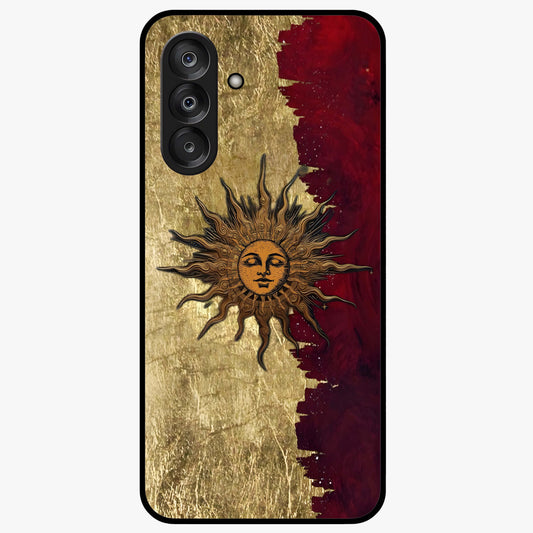 Crimson Sun Majesty Glass Case showing flat back view with radiant sun inspired artwork and glossy glass finish.