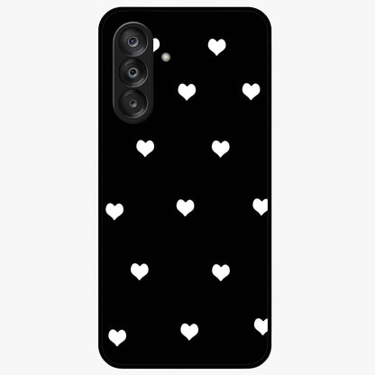Cute And Simple White Hearts Glass Case showing flat back view with minimal white heart pattern and glossy glass finish.