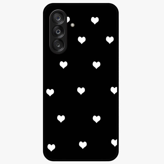 Cute And Simple White Hearts Glass Case showing flat back view with minimal white heart pattern and glossy glass finish.