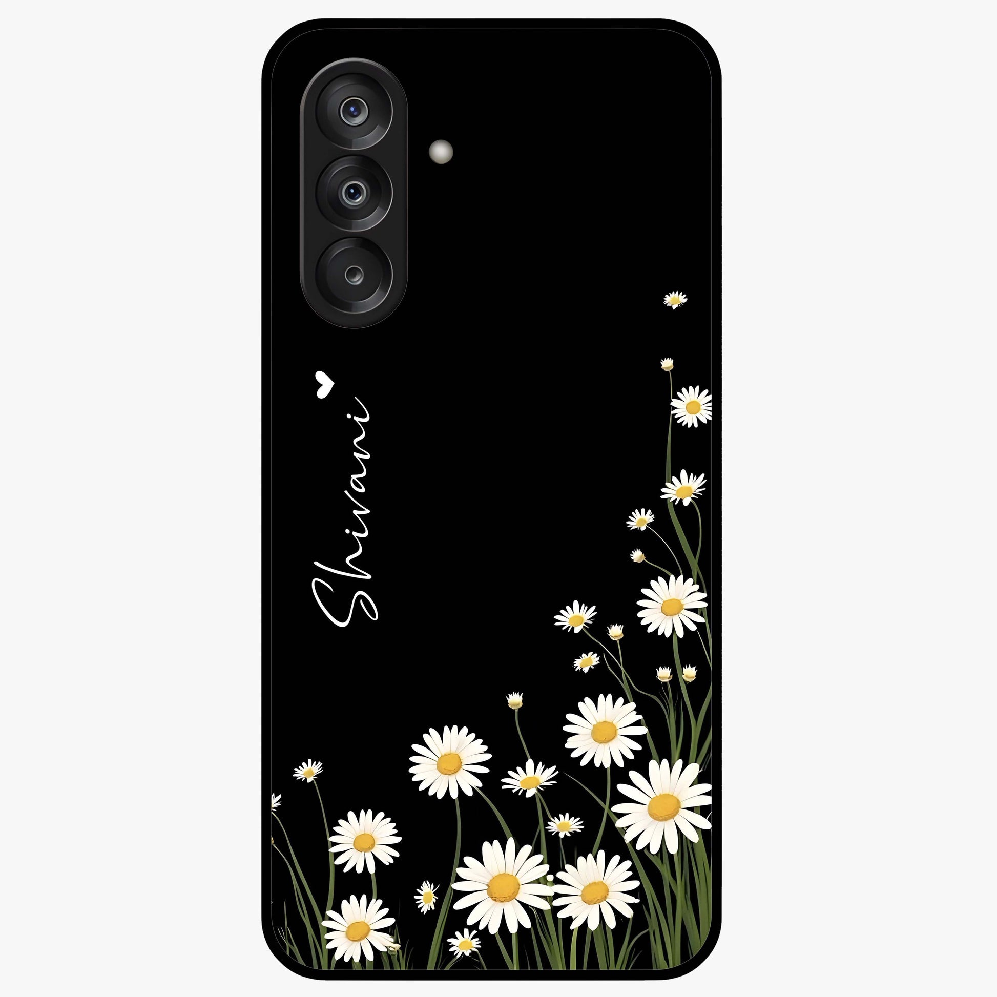 Daisy Cascade Custom Name Glass Case showing flat back view with cascading daisy flowers and personalized name design.